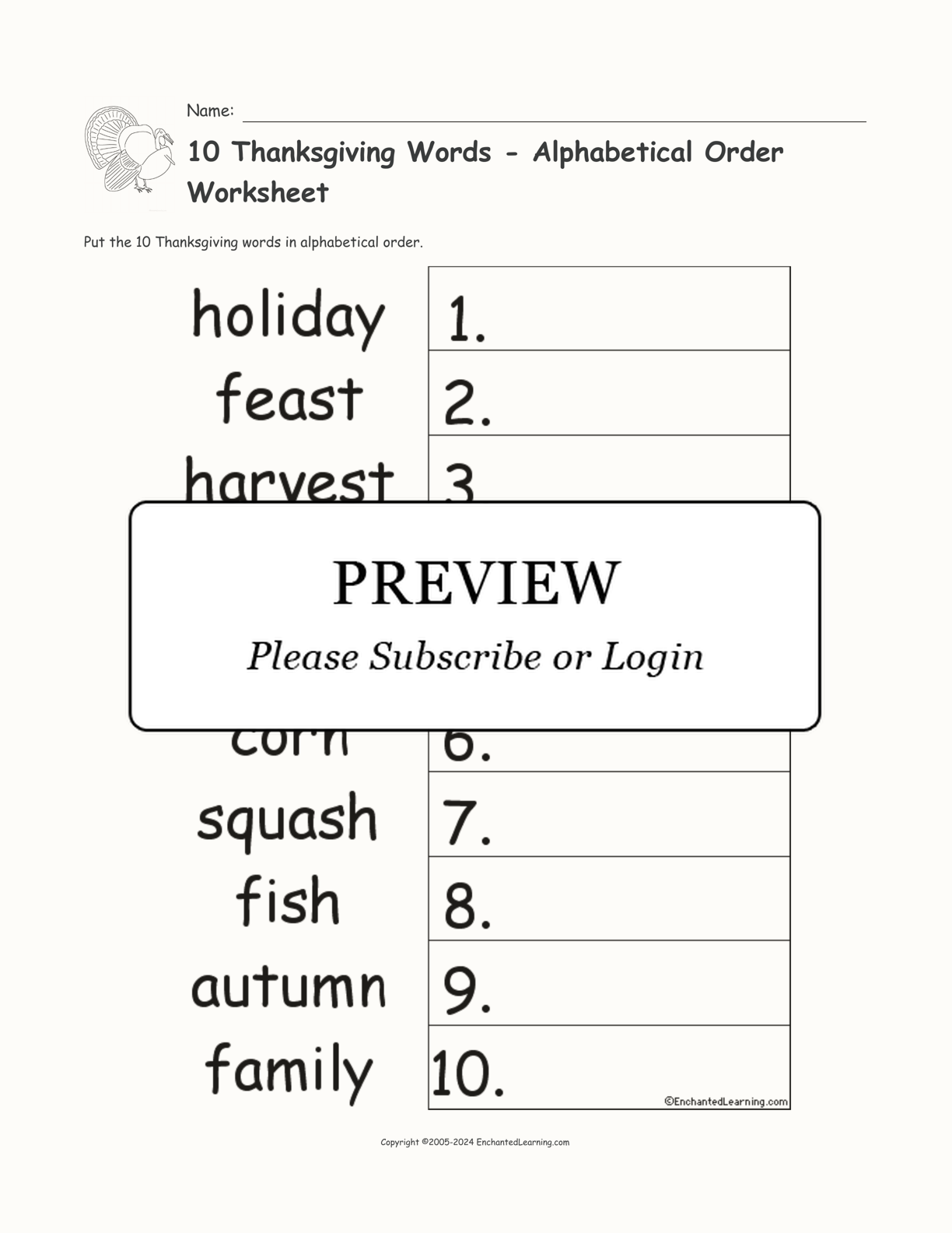 10 Thanksgiving Words - Alphabetical Order Worksheet interactive worksheet page 1