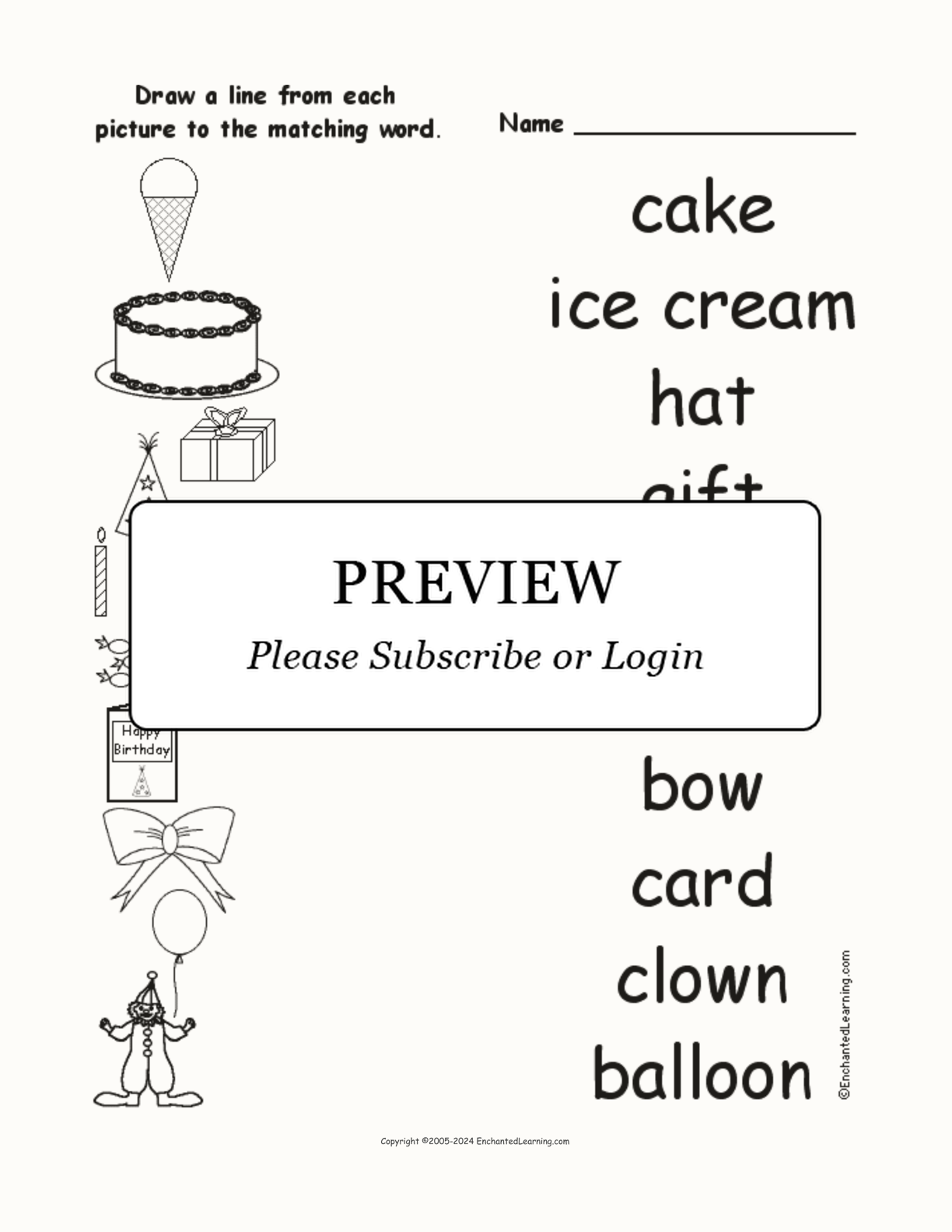 Birthday - Match the Words to the Pictures interactive worksheet page 1