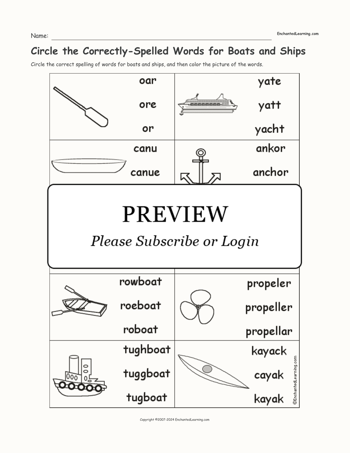 Circle the Correctly-Spelled Words for Boats and Ships interactive worksheet page 1