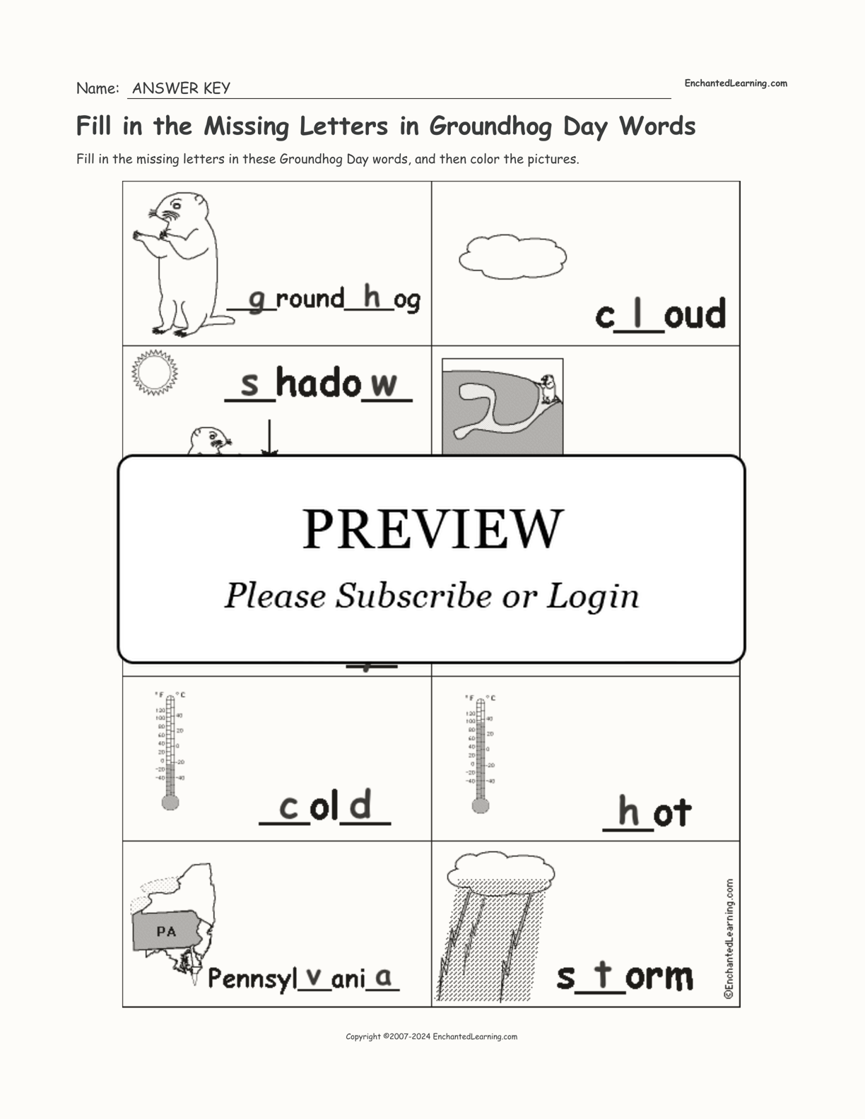 Fill in the Missing Letters in Groundhog Day Words interactive worksheet page 2