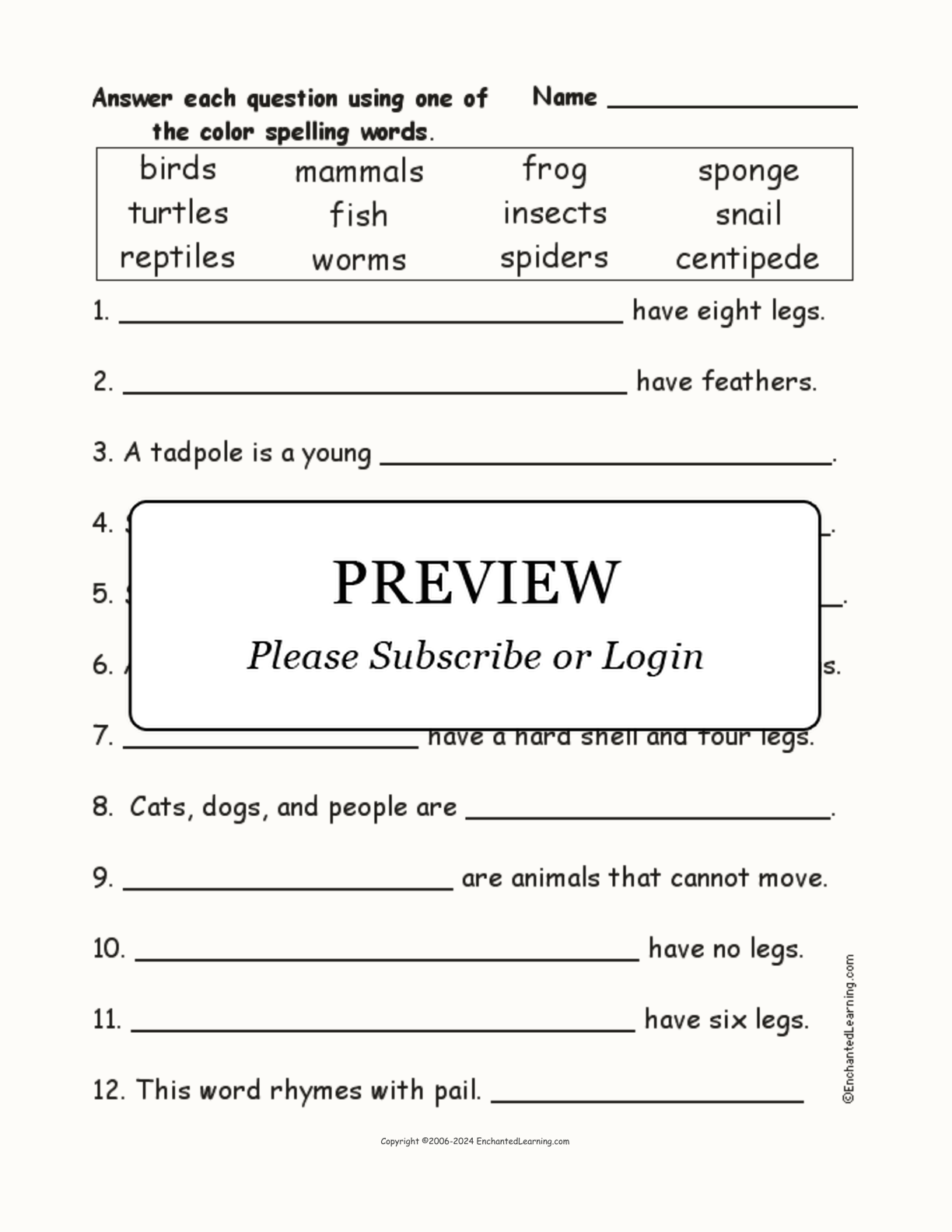 Animal Spelling Word Questions interactive worksheet page 1