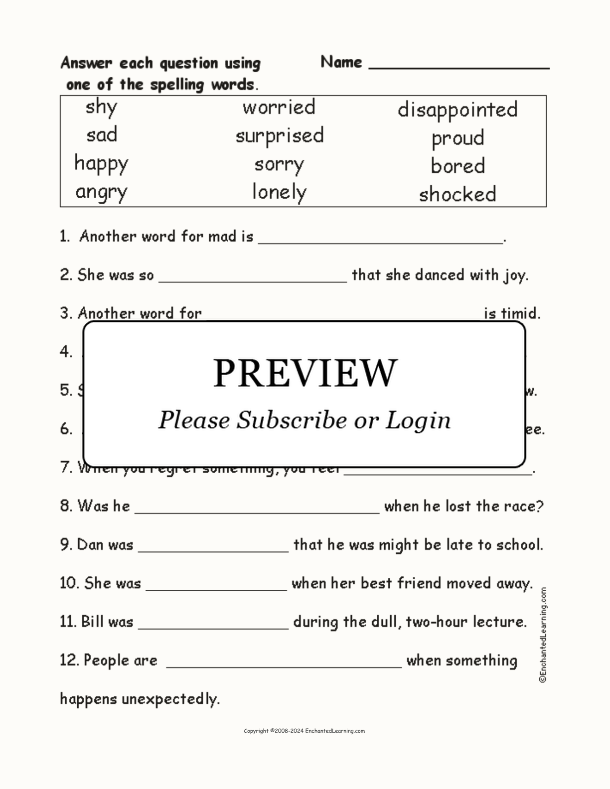 Emotion Spelling Word Questions interactive worksheet page 1