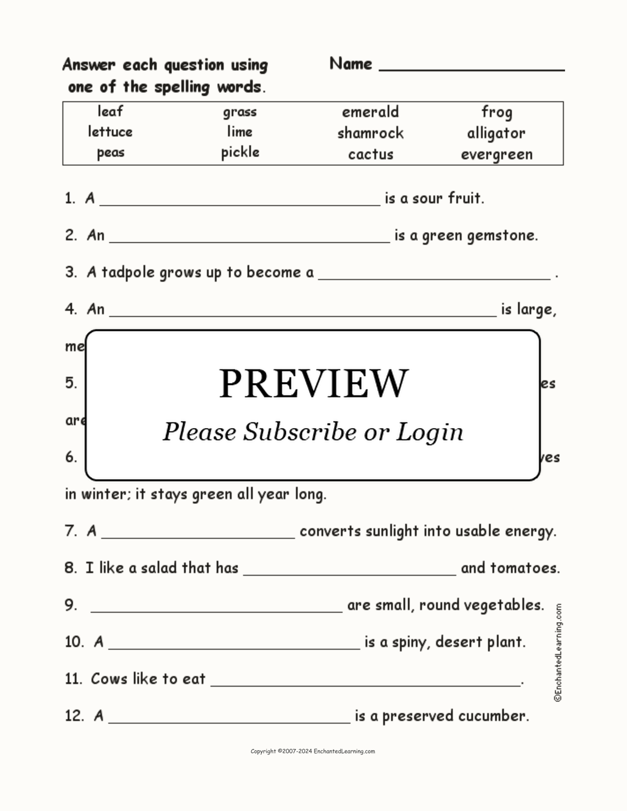 Spelling Word Questions: Green Things interactive worksheet page 1