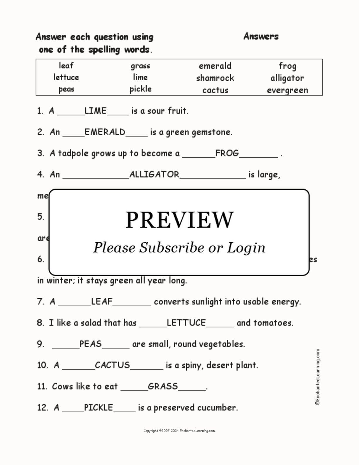 Spelling Word Questions: Green Things interactive worksheet page 2