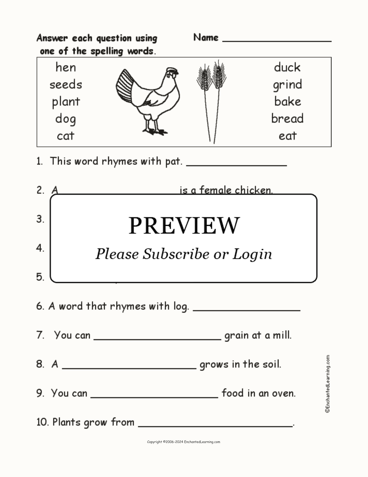 The Little Red Hen: Spelling Word Questions interactive worksheet page 1