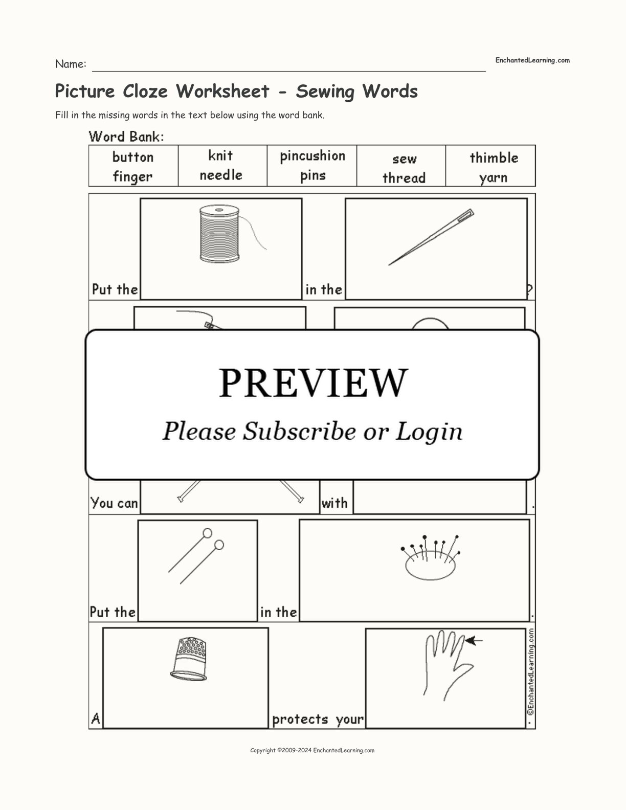 Picture Cloze Worksheet - Sewing Words interactive worksheet page 1