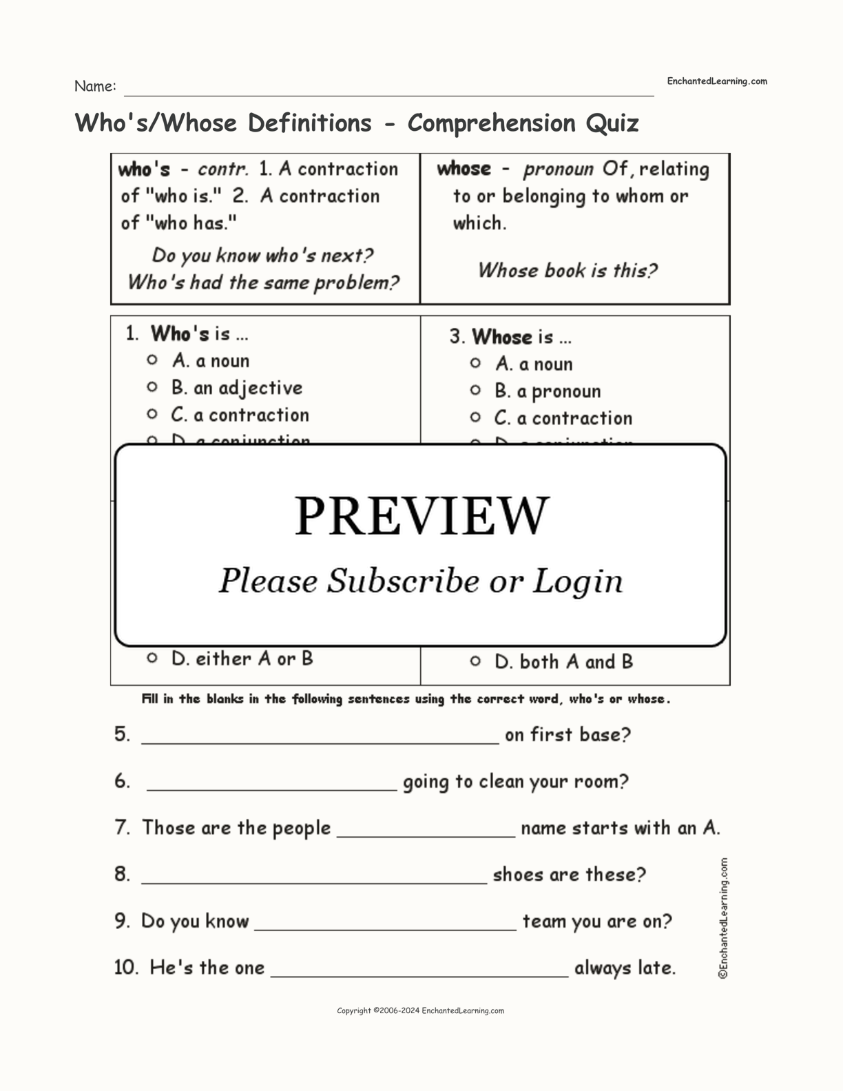Who's/Whose Definitions - Comprehension Quiz interactive worksheet page 1