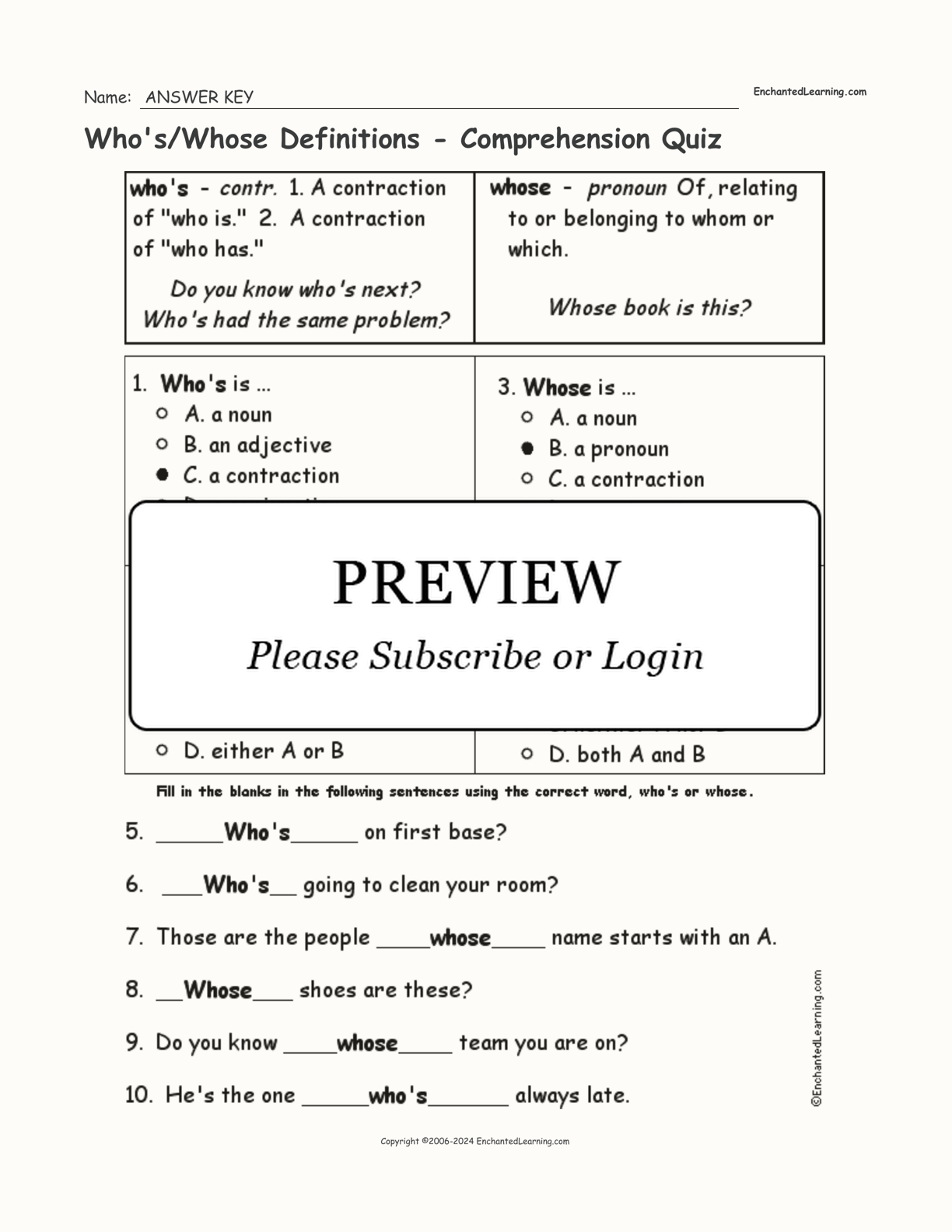 Who's/Whose Definitions - Comprehension Quiz interactive worksheet page 2