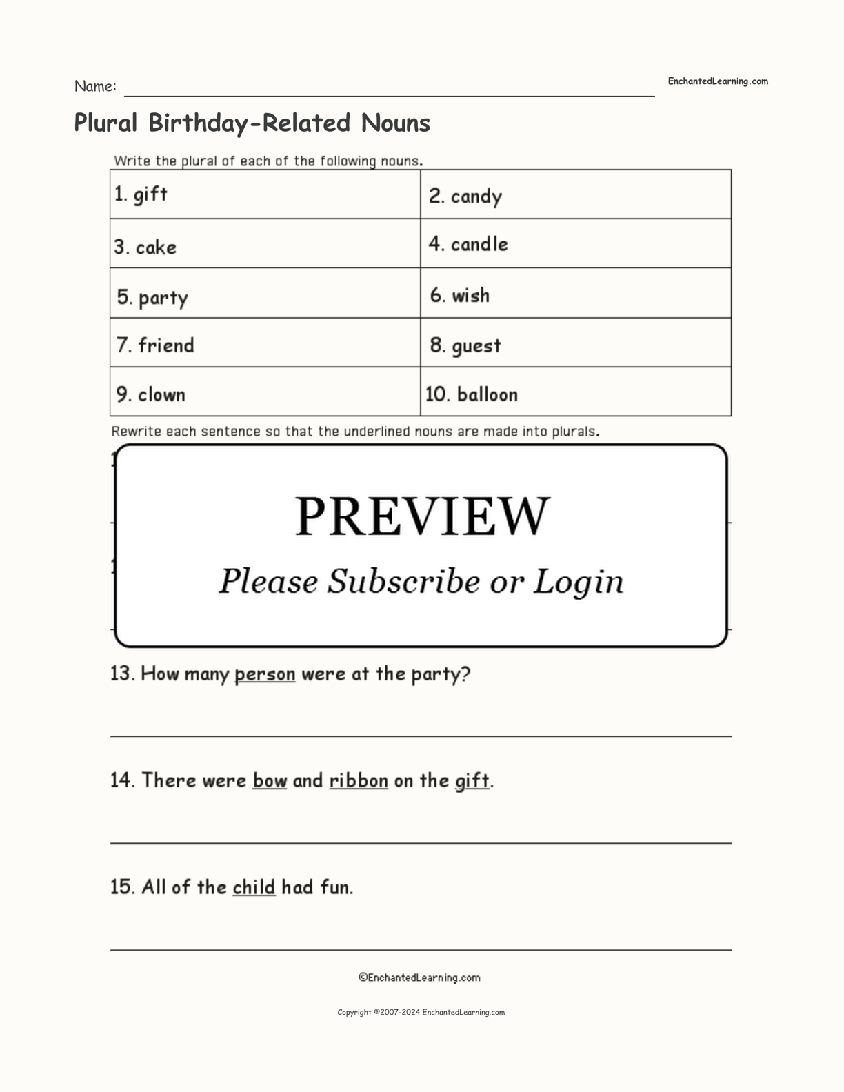Plural Birthday-Related Nouns interactive worksheet page 1