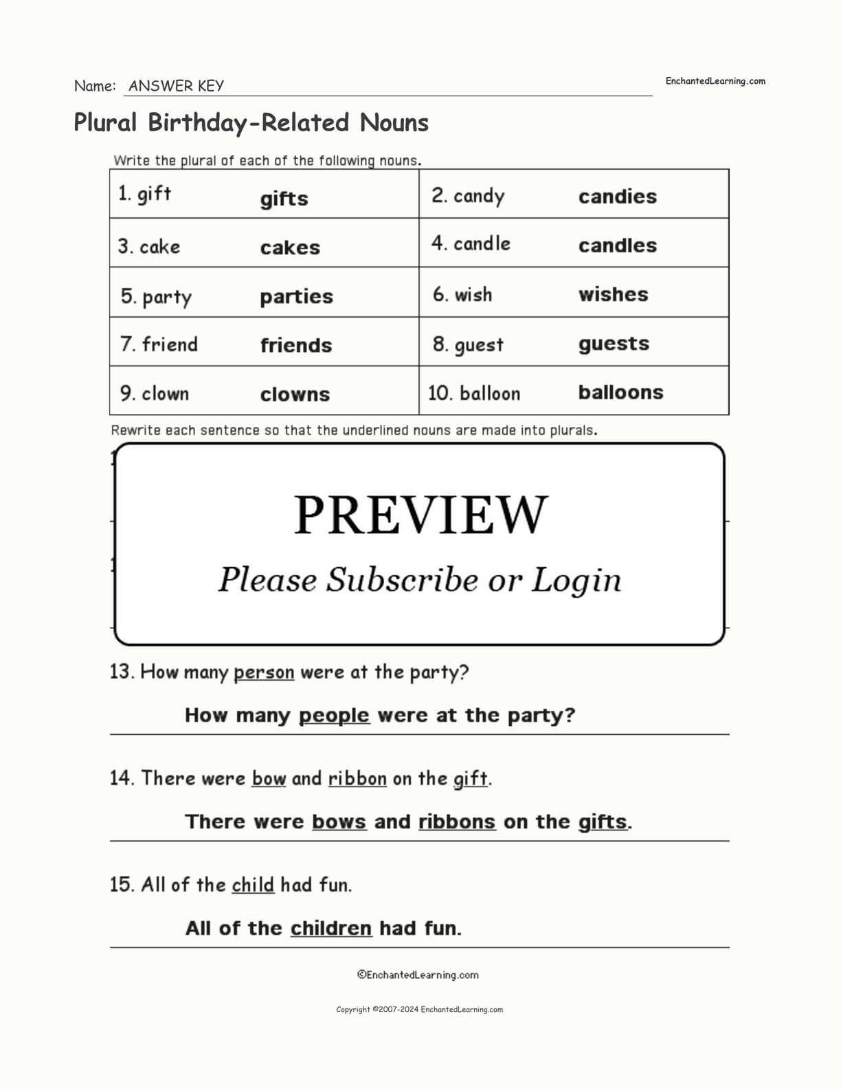 Plural Birthday-Related Nouns interactive worksheet page 2