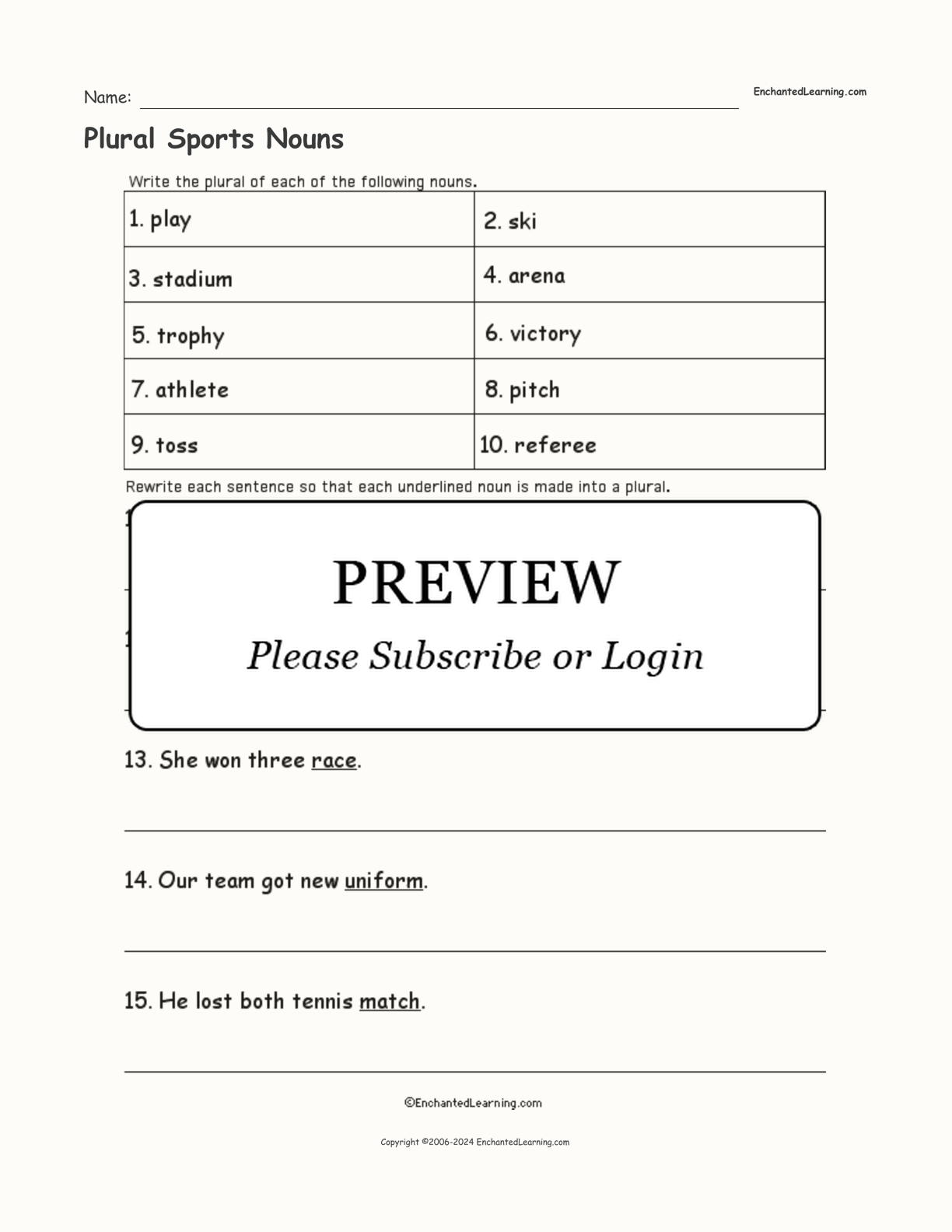Plural Sports Nouns interactive worksheet page 1
