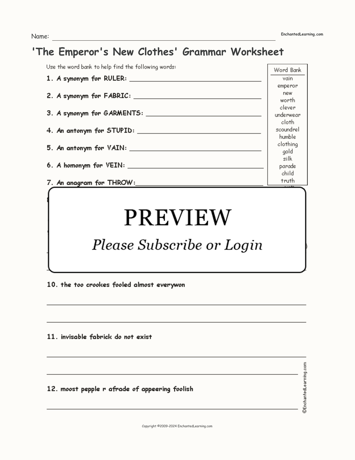 'The Emperor's New Clothes' Grammar Worksheet interactive worksheet page 1