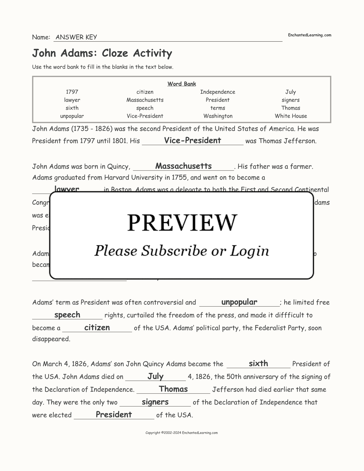 John Adams: Cloze Activity interactive worksheet page 2
