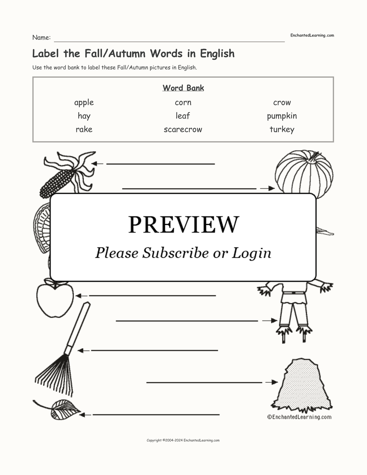Label the Fall/Autumn Words in English interactive worksheet page 1