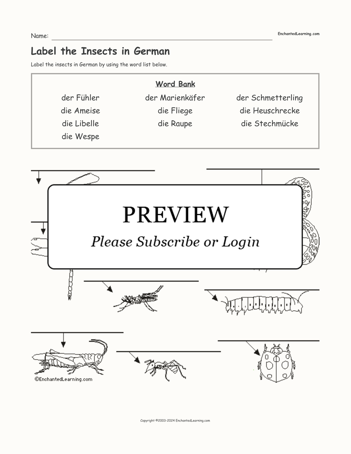 Label the Insects in German interactive worksheet page 1