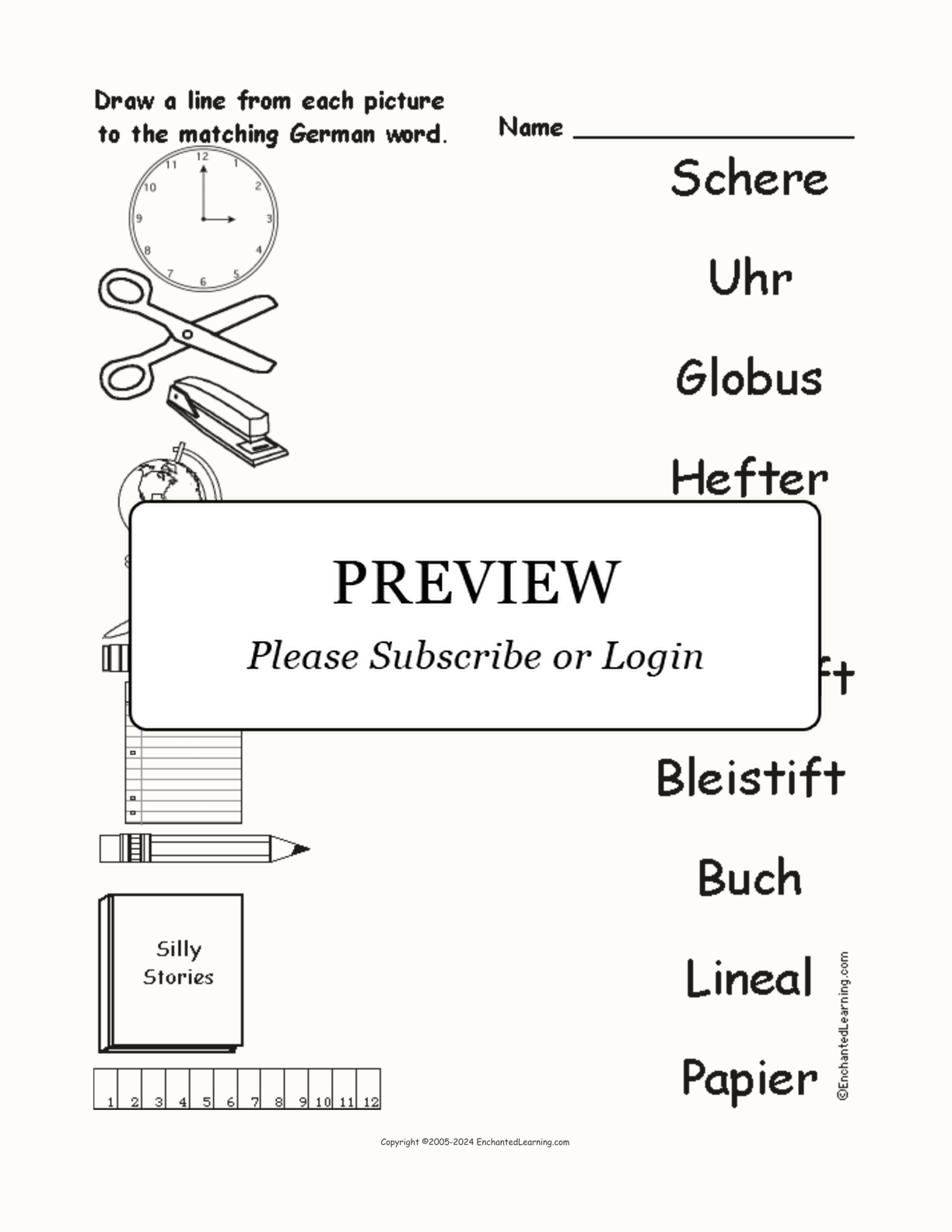 Match the German School Words to the Pictures interactive worksheet page 1