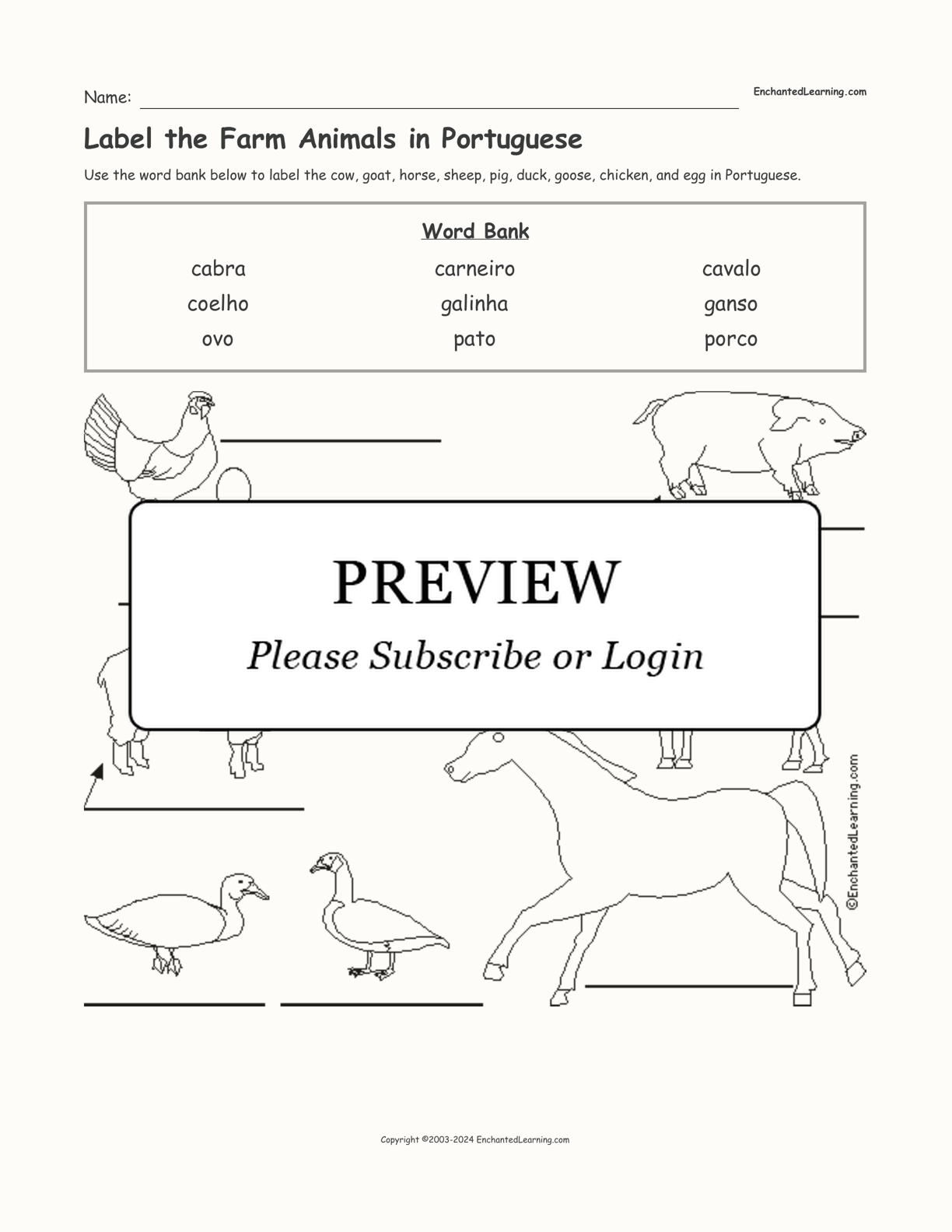 Label the Farm Animals in Portuguese interactive worksheet page 1