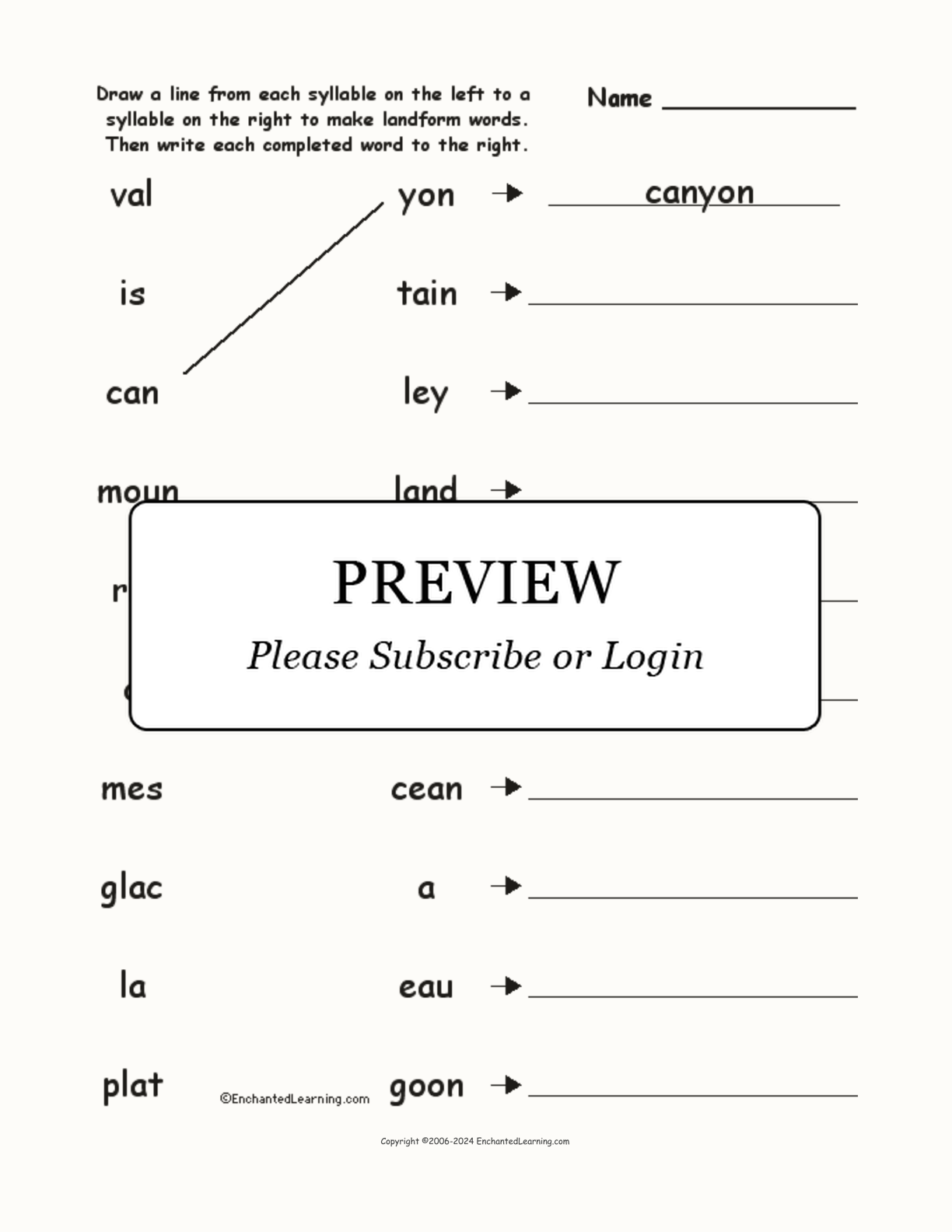 Match the Syllables: Landform Words interactive worksheet page 1