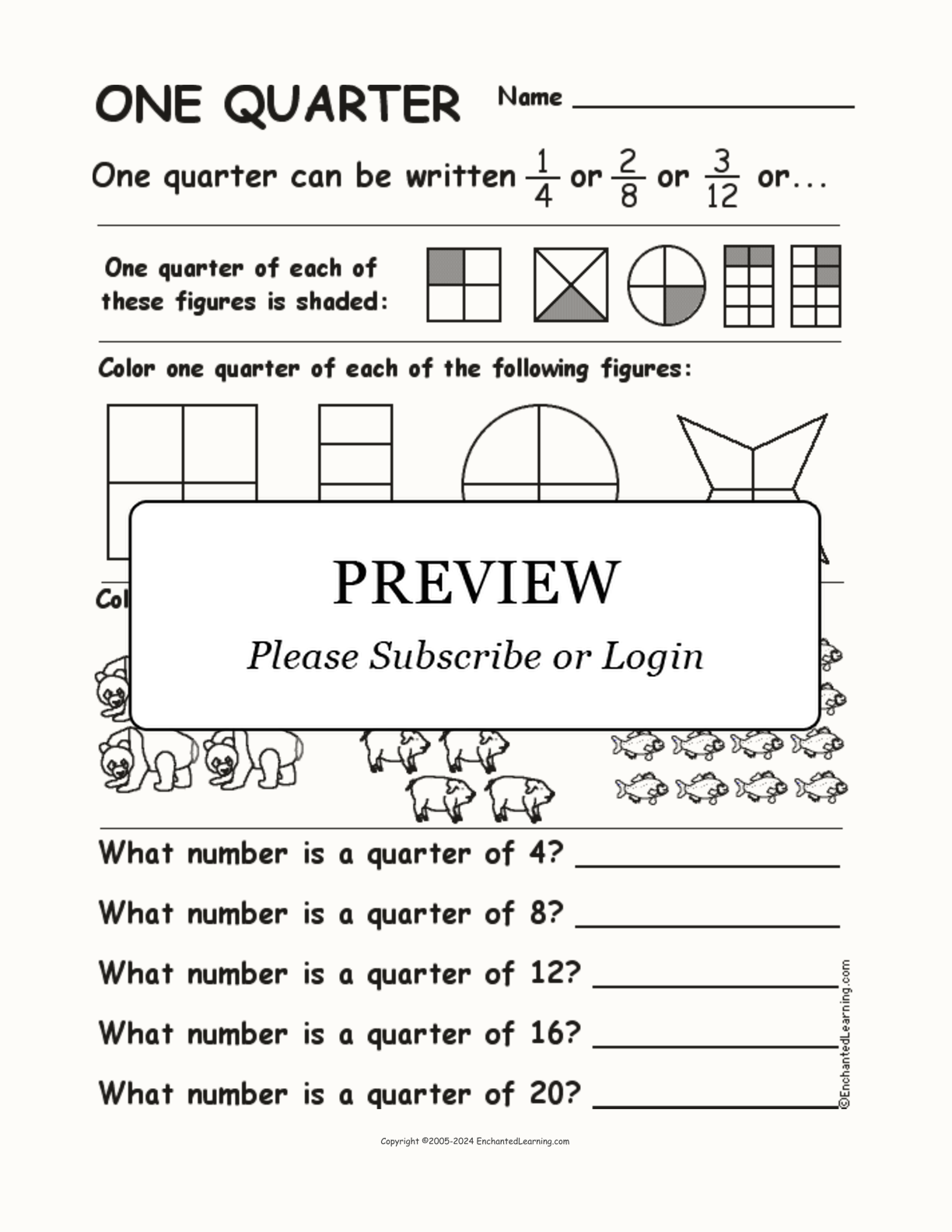 One Quarter Fractions Worksheet interactive worksheet page 1