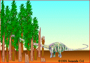 An Apatosaurus eating in a forest