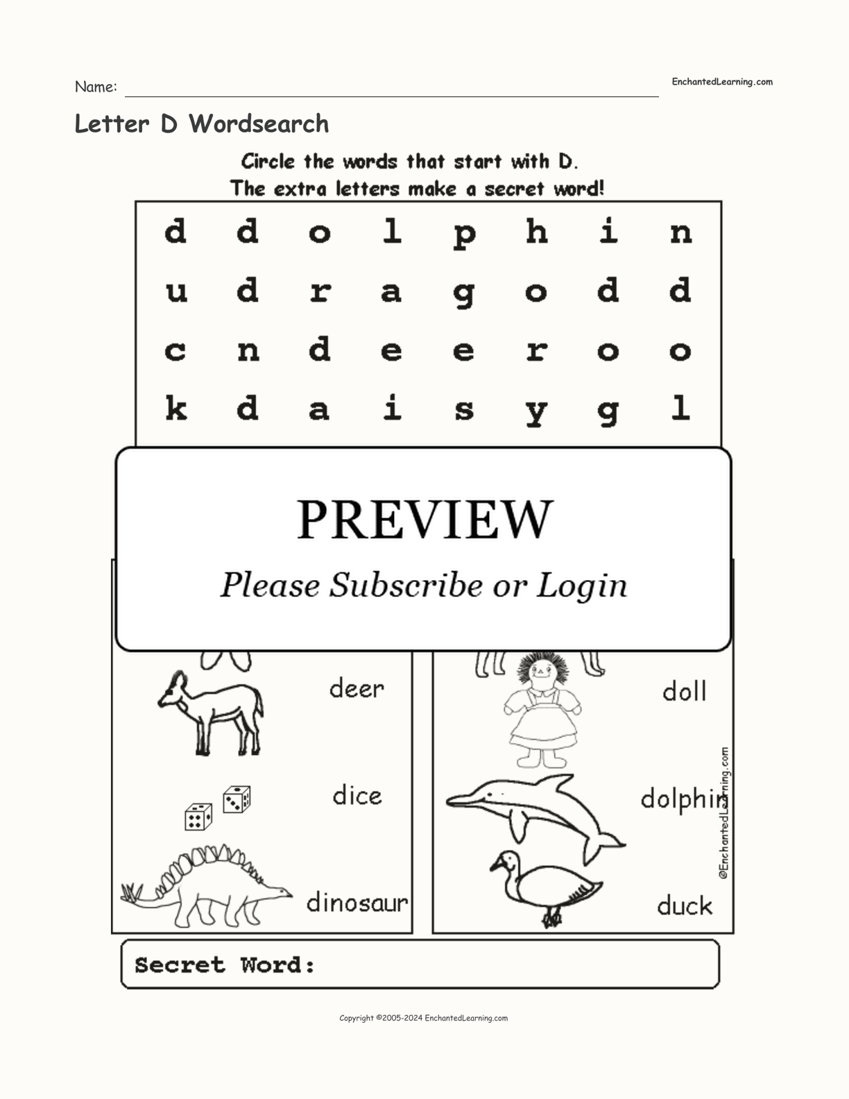 Letter D Wordsearch interactive worksheet page 1