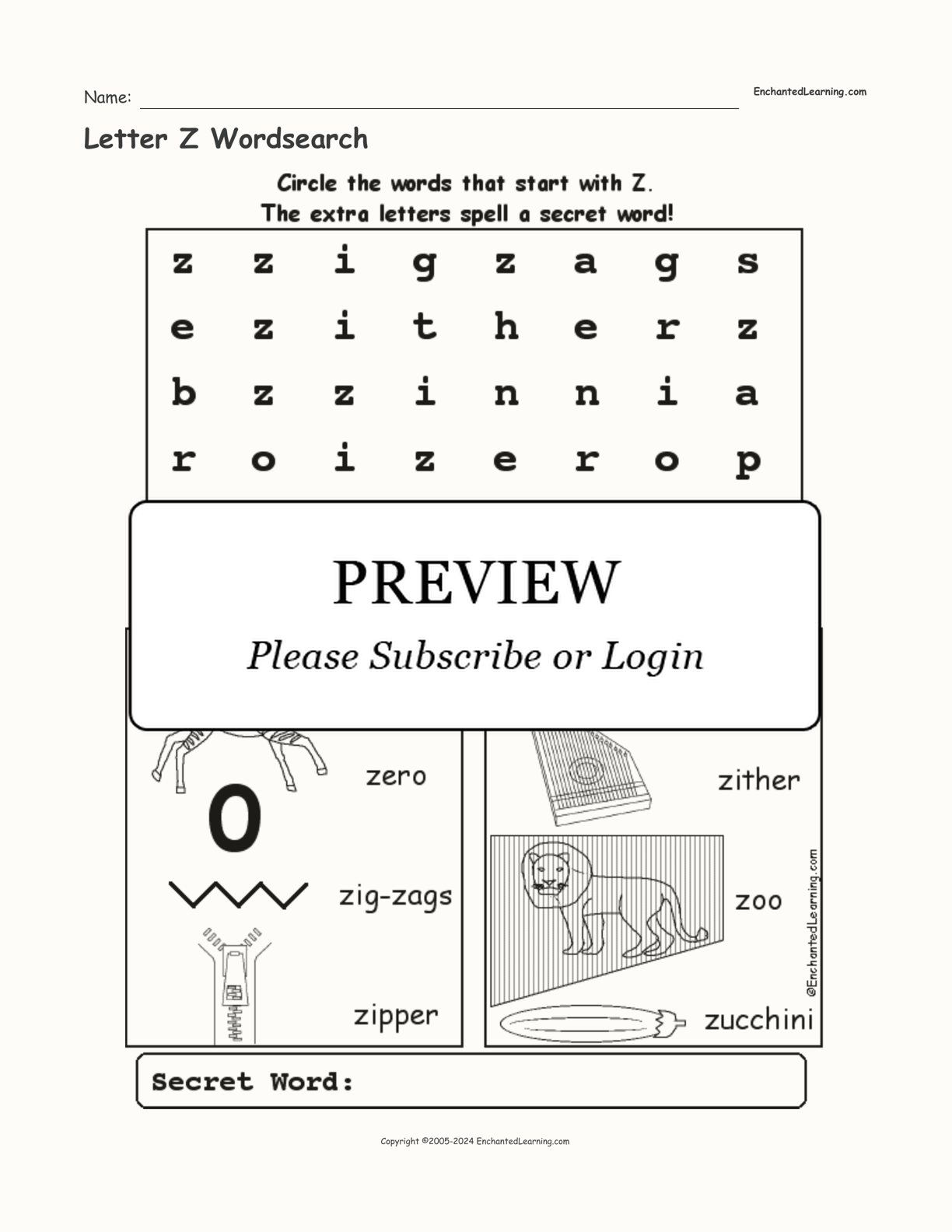 Letter Z Wordsearch interactive worksheet page 1